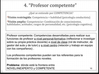 4. “Profesor competente”
¿Qué se entiende por COMPETENCIA?
0Visión restringida: Competencia = habilidad (psicología conductista)
0Visión amplia: Competencia= Combinación de conocimientos,

habilidades, actitudes, rasgos de personalidad, etc. (psicología cognitiva).

Profesor competente: Competencias desarrolladas para realizar sus
funciones de profesor a nivel personal-formativo (reflexionar e investigar
sobre su propia práctica docente) a nivel de clase (rol de instructor, de
gestor del aula y de tutor) y a nivel centro (relación y trabajo en equipo
con los compañeros) .
Los profesores competentes pueden ser los referentes para la
formación de los profesores noveles.
Problema: dónde está la frontera entre
NOVEL/INEXPERTO y COMPETENTE

10

 