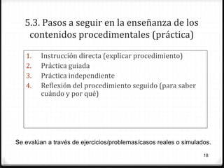 5.3. Pasos a seguir en la enseñanza de los
contenidos procedimentales (práctica)
1.
2.
3.
4.

Instrucción directa (explicar procedimiento)
Práctica guiada
Práctica independiente
Reflexión del procedimiento seguido (para saber
cuándo y por qué)

Se evalúan a través de ejercicios/problemas/casos reales o simulados.
18

 