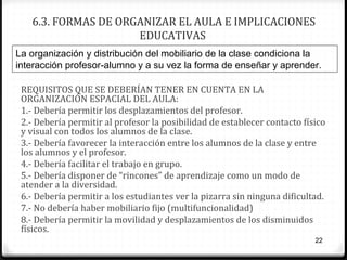 6.3. FORMAS DE ORGANIZAR EL AULA E IMPLICACIONES
EDUCATIVAS
La organización y distribución del mobiliario de la clase condiciona la
interacción profesor-alumno y a su vez la forma de enseñar y aprender.
REQUISITOS QUE SE DEBERÍAN TENER EN CUENTA EN LA
ORGANIZACIÓN ESPACIAL DEL AULA:
1.- Debería permitir los desplazamientos del profesor.
2.- Debería permitir al profesor la posibilidad de establecer contacto físico
y visual con todos los alumnos de la clase.
3.- Debería favorecer la interacción entre los alumnos de la clase y entre
los alumnos y el profesor.
4.- Debería facilitar el trabajo en grupo.
5.- Debería disponer de “rincones” de aprendizaje como un modo de
atender a la diversidad.
6.- Debería permitir a los estudiantes ver la pizarra sin ninguna dificultad.
7.- No debería haber mobiliario fijo (multifuncionalidad)
8.- Debería permitir la movilidad y desplazamientos de los disminuidos
físicos.
22

 