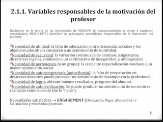 2.1.1. Variables responsables de la motivación del
profesor
Basándose en la teoría de las necesidades de MASLOW (el comportamiento se dirige a satisfacer
necesidades), BESS (1977) identificó las principales necesidades responsables de la motivación del
profesor.

0Necesidad de utilidad: la falta de adecuación entre demandas sociales y los

objetivos educativos conducen a un sentimiento de inutilidad.
0Necesidad de seguridad: la variación continuada de alumnos, asignaturas,
directrices legales, conducen a un sentimiento de inseguridad, y ambigüedad.
0Necesidad de pertenencia (a un grupo): la creciente especialización conduce a un
mayor aislamiento social.
0Necesidad de autocompetencia (autoeficacia): la falta de preparación en
destrezas docentes puede provocar un sentimiento de incompetencia profesional.
0Necesidad de logro: obtener buenos resultados, progreso del alumno.
0Necesidad de autorrealización: Se puede producir un sentimiento de no sentirse
realizado como docente (no le “llena”).
Necesidades satisfechas → ENGAGEMENT (Dedicación, Vigor, Absorción) →
Satisfacción y resultados positivos

6

 