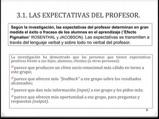 3.1. LAS EXPECTATIVAS DEL PROFESOR.
Según la investigación, las expectativas del profesor determinan en gran
medida el éxito o fracaso de los alumnos en el aprendizaje (“Efecto
Pigmalion” ROSENTHAL y JACOBSON). Las expectativas se transmiten a

través del lenguaje verbal y sobre todo no verbal del profesor.
La investigación ha demostrado que las personas que tienen expectativas
positivas frente a sus hijos, alumnos, clientes (u otras personas):

0 parece que producen un clima socio-emocional más cálido en torno a

este grupo;

0 parece que ofrecen más "feedback" a ese grupo sobre los resultados

alcanzados;

0 parece que dan más información (input) a ese grupo y les piden más;
0 parece que ofrecen más oportunidad a ese grupo, para preguntas y

respuestas (output).

9

 