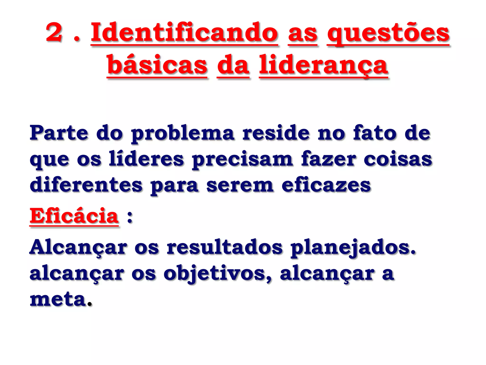 2 . Identificando as questões
      básicas da liderança

Parte do problema reside no fato de
que os líderes precisam fazer coisas
diferentes para serem eficazes
Eficácia :
Alcançar os resultados planejados.
alcançar os objetivos, alcançar a
meta.
 