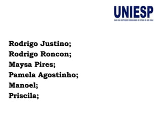 Rodrigo Justino;
Rodrigo Roncon;
Maysa Pires;
Pamela Agostinho;
Manoel;
Priscila;
 