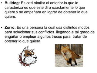 • Bulldog: Es casi similar al anterior lo que lo 
caracteriza es que este dirá exactamente lo que 
quiere y se empeñara en lograr de obtener lo que 
quiere. 
• Zorro: Es una persona la cual usa distintos modos 
para solucionar sus conflictos llegando a tal grado de 
engañar o emplear algunos trucos para tratar de 
obtener lo que quiera. 
 
