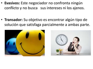 • Evasivos: Este negociador no confronta ningún 
conflicto y no busca sus intereses ni los ajenos. 
• Transador: Su objetivo es encontrar algún tipo de 
solución que satisfaga parcialmente a ambas parte. 
