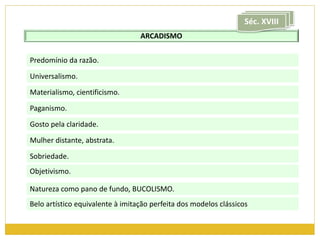 ARCADISMO 
Predomínio da razão. 
Universalismo. 
Materialismo, cientificismo. 
Paganismo. 
Gosto pela claridade. 
Mulher distante, abstrata. 
Sobriedade. 
Objetivismo. 
Séc. XVIII 
Natureza como pano de fundo, BUCOLISMO. 
Belo artístico equivalente à imitação perfeita dos modelos clássicos 
 