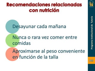 Desayunar cada mañana
Nunca o rara vez comer entre
comidas
Aproximarse al peso conveniente
en función de la talla

 