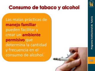 Las malas prácticas de
manejo familiar,
pueden facilitar y
crear un ambiente
permisivo que
determina la cantidad
y frecuencia en el
consumo de alcohol.

 