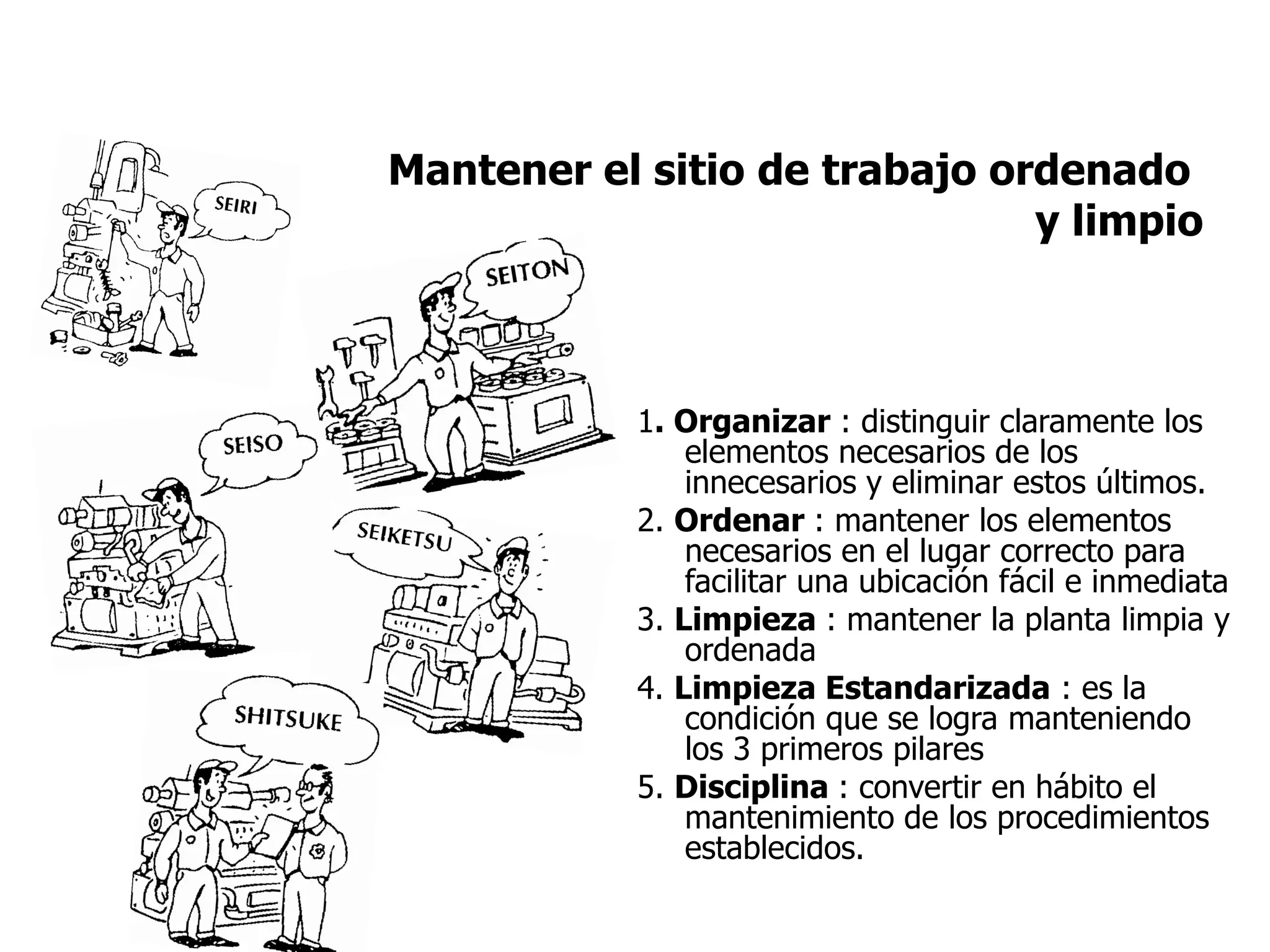 Mantener el sitio de trabajo ordenado
y limpio
1. Organizar : distinguir claramente los
elementos necesarios de los
innecesarios y eliminar estos últimos.
2. Ordenar : mantener los elementos
necesarios en el lugar correcto para
facilitar una ubicación fácil e inmediata
3. Limpieza : mantener la planta limpia y
ordenada
4. Limpieza Estandarizada : es la
condición que se logra manteniendo
los 3 primeros pilares
5. Disciplina : convertir en hábito el
mantenimiento de los procedimientos
establecidos.
 