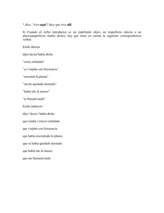 * dice: "vivo aquí"/ dice que vive allí
b) Cuando el verbo introductor es un indefinido (dijo), un imperfecto (decía) o un
pluscuamperfecto (había dicho), hay que tener en cuenta la siguiente correspondencia
verbal:
Estilo directo
dijo/ decía/ había dicho
"estoy enfadado"
"yo viajaba con frecuencia"
"encontré la pluma"
"me he quedado dormido"
"había ido al museo"
"te llamaré tarde"
Estilo indirecto
dijo / decía / había dicho
que estaba / estuvo enfadado
que viajaba con frecuencia
que había encontrado la pluma
que se había quedado dormido
que había ido al museo
que me llamaría tarde
 
