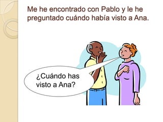 Me he encontrado con Pablo y le he
preguntado cuándo había visto a Ana.




  ¿Cuándo has
  visto a Ana?
 