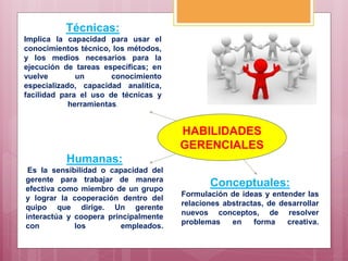HABILIDADES
GERENCIALES
Técnicas:
Implica la capacidad para usar el
conocimientos técnico, los métodos,
y los medios necesarios para la
ejecución de tareas específicas; en
vuelve un conocimiento
especializado, capacidad analítica,
facilidad para el uso de técnicas y
herramientas.
Humanas:
Es la sensibilidad o capacidad del
gerente para trabajar de manera
efectiva como miembro de un grupo
y lograr la cooperación dentro del
quipo que dirige. Un gerente
interactúa y coopera principalmente
con los empleados.
Conceptuales:
Formulación de ideas y entender las
relaciones abstractas, de desarrollar
nuevos conceptos, de resolver
problemas en forma creativa.
 