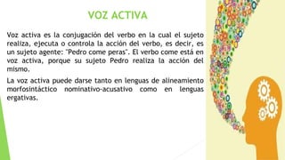 VOZ ACTIVA
Voz activa es la conjugación del verbo en la cual el sujeto
realiza, ejecuta o controla la acción del verbo, es decir, es
un sujeto agente: "Pedro come peras". El verbo come está en
voz activa, porque su sujeto Pedro realiza la acción del
mismo.
La voz activa puede darse tanto en lenguas de alineamiento
morfosintáctico nominativo-acusativo como en lenguas
ergativas.

 