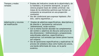 Tiempos y modos
verbales

 Empleo del Indicativo (modo de la objetividad y de
la realidad) y el presente atemporal, ya que la
ciencia propone leyes de validez universal: (las
masas de los elementos químicos que forman un
compuesto se encuentran en una proporción
constante)
 Uso del condicional para expresar hipótesis: (Por
esto, cabría argumentar…)

Adjetivación y recursos
de modificación

 Empleo de adjetivos especificativos, descriptivos y
de relación o pertenencia: estructura
bidimensional, ácido nucleico
 Con la misma función abundan los complementos
del nombre o adjetivos de discurso (estructura de
dos dimensiones = bidimensional) y proposiciones
subordinadas adjetivas, especificativas y
explicativas: Los animales que tienen ponen huevos
son ovíparos
 Uso de aposiciones especificativas y explicativas: El
proceso de soldadura deja como huella una sutura,
una banda deformada de rocas, en la parte
oceánica.

 