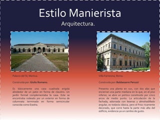 Estilo Manierista
Arquitectura.

Palacio del Té, Mantua.

Villa Farnesina, Roma.

Construida por: Giulio Romano.

Construida por: Baldassarre Peruzzi

Es básicamente una casa cuadrada erigida
alrededor de un patio en forma de claustro. Un
jardín formal complementaba la casa. Este se
encontraba rodeado por un exterior en forma de
columnata terminada en forma semicircular
conocida como Esedra.

Presenta una planta en «u», con dos alas que
encierran una parte mediana en la que, en el piso
inferior, se abre un pórtico constituido por cinco
arcos de medio punto. La articulación de la
fachada, adornada con lesenas y almohadillado
angular, es todavía clásica, pero el friso ricamente
decorado, que corre hasta la parte más alta del
edificio, evidencia ya un cambio de gusto.

 