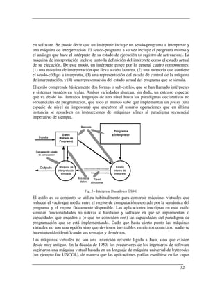 en software. Se puede decir que un intérprete incluye un seudo-programa a interpretar y
una máquina de interpretación. El seudo-programa a su vez incluye el programa mismo y
el análogo que hace el intérprete de su estado de ejecución (o registro de activación). La
máquina de interpretación incluye tanto la definición del intérprete como el estado actual
de su ejecución. De este modo, un intérprete posee por lo general cuatro componentes:
(1) una máquina de interpretación que lleva a cabo la tarea, (2) una memoria que contiene
el seudo-código a interpretar, (3) una representación del estado de control de la máquina
de interpretación, y (4) una representación del estado actual del programa que se simula.
El estilo comprende básicamente dos formas o sub-estilos, que se han llamado intérpretes
y sistemas basados en reglas. Ambas variedades abarcan, sin duda, un extenso espectro
que va desde los llamados lenguajes de alto nivel hasta los paradigmas declarativos no
secuenciales de programación, que todo el mundo sabe que implementan un proxy (una
especie de nivel de impostura) que encubren al usuario operaciones que en última
instancia se resuelven en instrucciones de máquinas afines al paradigma secuencial
imperativo de siempre.




                             Fig. 5 - Intérprete [basado en GS94]
El estilo es su conjunto se utiliza habitualmente para construir máquinas virtuales que
reducen el vacío que media entre el engine de computación esperado por la semántica del
programa y el engine físicamente disponible. Las aplicaciones inscriptas en este estilo
simulan funcionalidades no nativas al hardware y software en que se implementan, o
capacidades que exceden a (o que no coinciden con) las capacidades del paradigma de
programación que se está implementando. Dado que hasta cierto punto las máquinas
virtuales no son una opción sino que devienen inevtiables en ciertos contextos, nadie se
ha entretenido identificando sus ventajas y deméritos.
Las máquinas virtuales no son una invención reciente ligada a Java, sino que existen
desde muy antiguo. En la década de 1950, los precursores de los ingenieros de software
sugirieron una máquina virtual basada en un lenguaje de máquina universal de bytecodes
(un ejemplo fue UNCOL), de manera que las aplicaciones podían escribirse en las capas

                                                                                    32
 