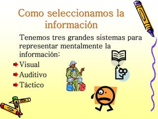 Como seleccionamos la
    información
Tenemos tres grandes sistemas para
representar mentalmente la
información:
Visual
Auditivo
Táctico
 