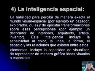 4) La inteligencia espacial:
La habilidad para percibir de manera exacta el
mundo visual-espacial (por ejemplo un cazador,
explorador, guía) y de ejecutar transformaciones
sobre esas percepciones (por ejemplo un
decorador de interiores, arquitecto, artista,
inventor). Esta inteligencia incluye la
sensibilidad al color, la línea, la forma, el
espacio y las relaciones que existen entre estos
elementos. Incluye la capacidad de visualizar,
de representar de manera gráfica ideas visuales
o espaciales
 
