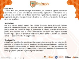 Salud bucal
A través de la boca, entran al cuerpo los alimentos, los nutrientes, y parte del aire que
respiramos. Con la boca también nos comunicarnos, expresamos sentimientos con la
palabra pero también con el beso, percibimos y gozamos los sabores, y es parte
importante de cómo nos percibimos y de cómo nos relacionarnos con los demás y de
cómo nos perciben.
Salud visual
Los ojos, son un valioso sentido para percibir la amplia gama de formas, colores,
personas, paisajes del mundo. Son parte de nuestra expresión corporal y de nuestra
personalidad; nos facilitan el juego, el aprendizaje, el trabajo al ser en la infancia una
puerta para descubrir todo lo nuevo y en la adultez una ayuda para repasar lo vivido.
Sin embargo, a pesar de presentar limitaciones, hacen parte de nuestro ser y son un
reflejo de los sentimientos de las personas.
Salud auditiva
A través de los oídos, los sonidos cotidianos permiten ​comprender los entornos, las
personas, el ambiente. Enriquecen los demás sentidos y se agudizan para equilibrarnos
cuando tenemos limitaciones. Los sonidos del mundo se abren paso a través del oído
para que captemos de otra forma el mundo y contribuyen a favorecer el desarrollo del
lenguaje y de las aptitudes cognitivas junto con la boca.
 