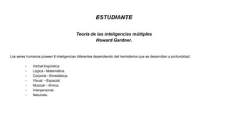 ESTUDIANTE
Teoría de las inteligencias múltiples
Howard Gardner.
Los seres humanos poseen 8 inteligencias diferentes dependiendo del hemisferios que se desarrollan a profundidad:
- Verbal lingüística
- Lógica - Matemática.
- Corporal - Kinestésica.
- Visual - Espacial.
- Musical - rítmica.
- Interpersonal.
- Naturista.
 
