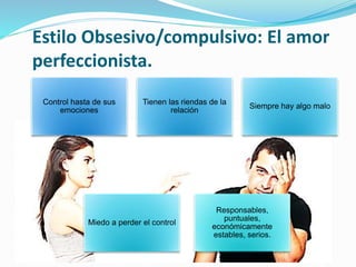 Control hasta de sus
emociones
Tienen las riendas de la
relación
Siempre hay algo malo
Miedo a perder el control
Responsables,
puntuales,
económicamente
estables, serios.
Estilo Obsesivo/compulsivo: El amor
perfeccionista.
 