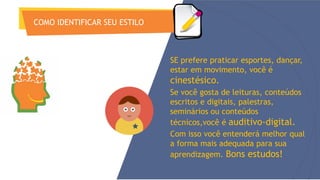 COMO IDENTIFICAR SEU ESTILO
SE prefere praticar esportes, dançar,
estar em movimento, você é
cinestésico.
Se você gosta de leituras, conteúdos
escritos e digitais, palestras,
seminários ou conteúdos
técnicos,você é auditivo-digital.
Com isso você entenderá melhor qual
a forma mais adequada para sua
aprendizagem. Bons estudos!
 