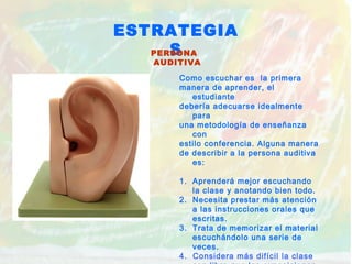 ESTRATEGIA
SPERSONA
AUDITIVA
Como escuchar es la primera
manera de aprender, el
estudiante
debería adecuarse idealmente
para
una metodología de enseñanza
con
estilo conferencia. Alguna manera
de describir a la persona auditiva
es:
1. Aprenderá mejor escuchando
la clase y anotando bien todo.
2. Necesita prestar más atención
a las instrucciones orales que
escritas.
3. Trata de memorizar el material
escuchándolo una serie de
veces.
4. Considera más difícil la clase
 