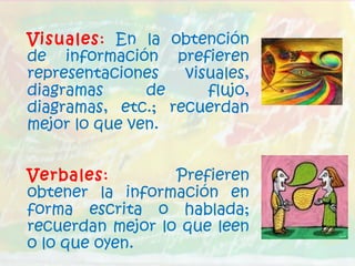 Visuales: En la obtención
de información prefieren
representaciones visuales,
diagramas de flujo,
diagramas, etc.; recuerdan
mejor lo que ven.
Verbales: Prefieren
obtener la información en
forma escrita o hablada;
recuerdan mejor lo que leen
o lo que oyen.
 
