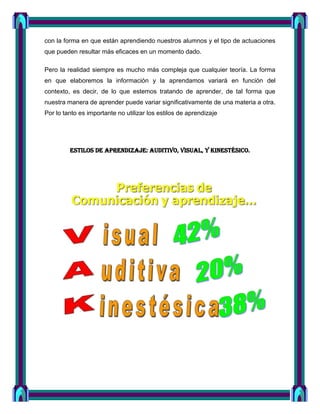 con la forma en que están aprendiendo nuestros alumnos y el tipo de actuaciones
que pueden resultar más eficaces en un momento dado.

Pero la realidad siempre es mucho más compleja que cualquier teoría. La forma
en que elaboremos la información y la aprendamos variará en función del
contexto, es decir, de lo que estemos tratando de aprender, de tal forma que
nuestra manera de aprender puede variar significativamente de una materia a otra.
Por lo tanto es importante no utilizar los estilos de aprendizaje




         Estilos de Aprendizaje: Auditivo, Visual, y Kinestésico.
 