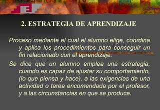 Proceso mediante el cual el alumno elige, coordina y aplica los procedimientos para conseguir un fin relacionado con el aprendizaje. Se dice que un alumno emplea una estrategia, cuando es capaz de ajustar su comportamiento, (lo que piensa y hace), a las exigencias de una actividad o tarea encomendada por el profesor, y a las circunstancias en que se produce. 2. ESTRATEGIA DE APRENDIZAJE 
