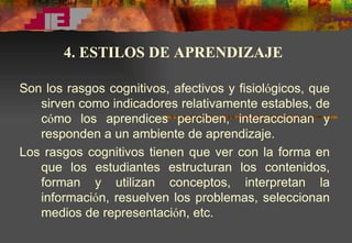 Son los rasgos cognitivos, afectivos y fisiol ó gicos, que sirven como indicadores relativamente estables, de c ó mo los aprendices perciben, interaccionan y responden a un ambiente de aprendizaje. Los rasgos cognitivos tienen que ver con la forma en que los estudiantes estructuran los contenidos, forman y utilizan conceptos, interpretan la informaci ó n, resuelven los problemas, seleccionan medios de representaci ó n, etc.  4. ESTILOS DE APRENDIZAJE 
