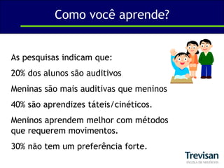 Como você aprende?As pesquisas indicam que:20% dos alunos são auditivosMeninas são mais auditivas que meninos40% são aprendizes táteis/cinéticos.Meninos aprendem melhor com métodos que requerem movimentos.30% não tem um preferência forte.