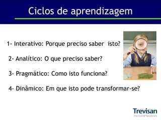 Ciclos de aprendizagem1- Interativo: Porque preciso saber  isto?  2- Analítico: O que preciso saber? 3- Pragmático: Como isto funciona? 4- Dinâmico: Em que isto pode transformar-se?