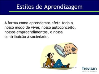 Estilos de AprendizagemA forma como aprendemos afeta todo o nosso modo de viver, nosso autoconceito, nossos empreendimentos, e nossa contribuição à sociedade.