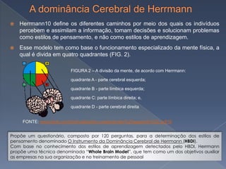    Herrmann10 define os diferentes caminhos por meio dos quais os indivíduos
    percebem e assimilam a informação, tomam decisões e solucionam problemas
    como estilos de pensamento, e não como estilos de aprendizagem.
   Esse modelo tem como base o funcionamento especializado da mente física, a
    qual é divida em quatro quadrantes (FIG. 2).

                           FIGURA 2 – A divisão da mente, de acordo com Herrmann:

                           quadrante A - parte cerebral esquerda;

                           quadrante B - parte límbica esquerda;

                           quadrante C: parte límbica direita; e,

                           quadrante D - parte cerebral direita


     FONTE: www.hbdi.com/hbdi/validation-creativebrain%20appendix%20.pdf16


Propõe um questionário, composto por 120 perguntas, para a determinação dos estilos de
pensamento denominado O Instrumento da Dominância Cerebral de Herrmann (HBDI).
Com base no conhecimento dos estilos de aprendizagem detectados pelo HBDI, Herrmann
propõe uma técnica denominada “Whole Brain Model”, que tem como um dos objetivos auxiliar
as empresas na sua organização e no treinamento de pessoal
 