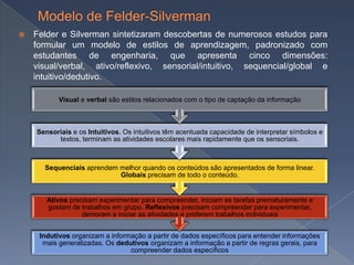    Felder e Silverman sintetizaram descobertas de numerosos estudos para
    formular um modelo de estilos de aprendizagem, padronizado com
    estudantes de engenharia, que apresenta cinco dimensões:
    visual/verbal, ativo/reflexivo, sensorial/intuitivo, sequencial/global e
    intuitivo/dedutivo.

           Visual e verbal são estilos relacionados com o tipo de captação da informação



    Sensoriais e os Intuitivos. Os intuitivos têm acentuada capacidade de interpretar símbolos e
          textos, terminam as atividades escolares mais rapidamente que os sensoriais.



      Sequenciais aprendem melhor quando os conteúdos são apresentados de forma linear.
                           Globais precisam de todo o conteúdo.


       Ativos precisam experimentar para compreender, iniciam as tarefas prematuramente e
       gostam de trabalhos em grupo. Reflexivos precisam compreender para experimentar,
                  demoram a iniciar as atividades e preferem trabalhos individuais


     Indutivos organizam a informação a partir de dados específicos para entender informações
      mais generalizadas. Os dedutivos organizam a informação a partir de regras gerais, para
                                 compreender dados específicos
 