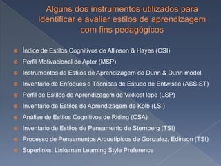    Índice de Estilos Cognitivos de Allinson & Hayes (CSI)
   Perfil Motivacional de Apter (MSP)
   Instrumentos de Estilos de Aprendizagem de Dunn & Dunn model
   Inventario de Enfoques e Técnicas de Estudo de Entwistle (ASSIST)
   Perfil de Estilos de Aprendizagem de Vikkest lepe (LSP)
   Inventario de Estilos de Aprendizagem de Kolb (LSI)
   Análise de Estilos Cognitivos de Riding (CSA)
   Inventario de Estilos de Pensamento de Sternberg (TSI)
   Processo de Pensamentos Arquetípicos de Gonzalez, Edinson (TSI)
   Superlinks: Linksman Learning Style Preference
 