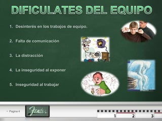  Pagina 4
1. Desinterés en los trabajos de equipo.
2. Falta de comunicación
3. La distracción
4. La inseguridad al exponer
5. Inseguridad al trabajar