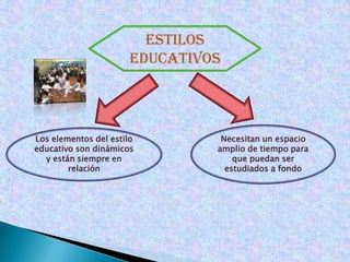 ESTILOS EDUCATIVOSNecesitan un espacio amplio de tiempo para que puedan ser estudiados a fondoLos elementos del estilo educativo son dinámicos y están siempre en relación
