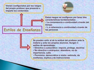 Vienen configurados por los rasgos del propio profesor que presenta o imparte los contenidosEstos rasgos se configuran por tener dos características fundamentales:La consistencia o continuidad a través del tiempo