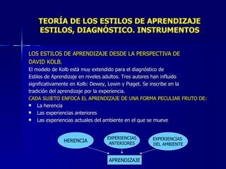 TEORÍA DE LOS ESTILOS DE APRENDIZAJE ESTILOS, DIAGNÓSTICO. INSTRUMENTOS LOS ESTILOS DE APRENDIZAJE DESDE LA PERSPECTIVA DE  DAVID KOLB. El modelo de Kolb está muy extendido para el diagnóstico de  Estilos de Aprendizaje en niveles adultos. Tres autores han influido significativamente en Kolb: Dewey, Lewin y Piaget. Se inscribe en la tradición del aprendizaje por la experiencia. CADA SUJETO ENFOCA EL APRENDIZAJE DE UNA FORMA PECULIAR FRUTO DE: La herencia Las experiencias anteriores Las experiencias actuales del ambiente en el que se mueve HERENCIA EXPERIENCIAS ANTERIORES EXPERIENCIAS  DEL AMBIENTE APRENDIZAJE 