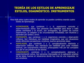 TEORÍA DE LOS ESTILOS DE APRENDIZAJE ESTILOS, DIAGNÓSTICO. INSTRUMENTOS Para Kolb estos cuatro modos de aprender se pueden combina creando cuatro Estilos de Aprendizaje. ACOMODADOR , que combinan 1 y 4; experiencia concreta y experimentación activa. Son personas con habilidad para llevar a cabo planes orientados a la acción, son arriesgados, les gustan las nuevas experiencias, se adaptan a las circunstancias inmediatas; son intuitivos y aprenden por tanteo y error. DIVERGENTE , que combinan 1 y 2; experiencia concreta y observación reflexiva. Son individuos con habilidad imaginativa, que ven situaciones desde diferentes perspectivas, emotivos, buenos generando ideas. ASIMILADOR , que combinan 3 y 2; conceptualización abstracta y observación reflexiva. Son individuos con habilidad para crear modelos teóricos, con razonamiento inductivo, preocupados más por los conceptos que por el uso práctico de las teorías.  CONVERGENTE , combinan 3 y 4; conceptualización abstracta y experimentación activa. Son personas interesadas en la aplicación práctica de las ideas, buenas en situaciones donde hay mas de una respuesta; no son emotivos. 