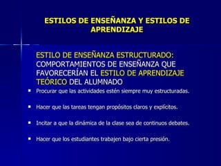 ESTILOS DE ENSEÑANZA Y ESTILOS DE APRENDIZAJE ESTILO DE ENSEÑANZA ESTRUCTURADO:  COMPORTAMIENTOS DE ENSEÑANZA QUE FAVORECERÍAN EL  ESTILO DE APRENDIZAJE   TEÓRICO  DEL ALUMNADO Procurar que las actividades estén siempre muy estructuradas. Hacer que las tareas tengan propósitos claros y explícitos. Incitar a que la dinámica de la clase sea de continuos debates. Hacer que los estudiantes trabajen bajo cierta presión. 