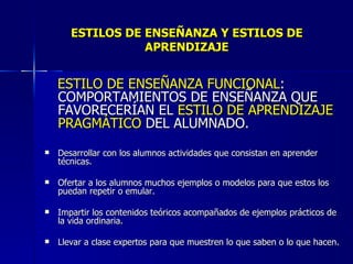 ESTILOS DE ENSEÑANZA Y ESTILOS DE APRENDIZAJE ESTILO DE ENSEÑANZA FUNCIONAL : COMPORTAMIENTOS DE ENSEÑANZA QUE FAVORECERÍAN EL  ESTILO DE APRENDIZAJE   PRAGMÁTICO  DEL ALUMNADO. Desarrollar con los alumnos actividades que consistan en aprender técnicas. Ofertar a los alumnos muchos ejemplos o modelos para que estos los puedan repetir o emular. Impartir los contenidos teóricos acompañados de ejemplos prácticos de la vida ordinaria. Llevar a clase expertos para que muestren lo que saben o lo que hacen. 