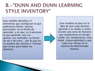 Este modelo identifica 21
elementos que configuran lo que         Este modelo se basa en la
podríamos llamar "gustos                idea de que cada alumno
personales" en la forma de            aprende a su modo, y como
aprender; y es que, es la persona     existen una serie de factores
la que aprende, con sus                que condicionan el estudio
gustos, sus actitudes, su forma      (ruido, luz, temperatura, mov
de ser y de estar... por lo que no   ilidad, responsabilidad) y que
se pueden dar normas o "recetas"          cada uno influye en el
que sirvan para todos los                alumno de determinada
alumnos.                                         manera.
 