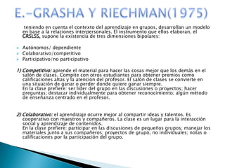 teniendo en cuenta el contexto del aprendizaje en grupos, desarrollan un modelo
    en base a la relaciones interpersonales. El instrumento que ellos elaboran, el
    GRSLSS, supone la existencia de tres dimensiones bipolares:

   Autónomos/ dependiente
   Colaborativo/competitivo
   Participativo/no participativo

1) Competitivo: aprende el material para hacer las cosas mejor que los demás en el
    salón de clases. Compite con otros estudiantes para obtener premios como
    calificaciones altas y la atención del profesor. El salón de clases se convierte en
    una situación de ganar o perder donde quiere ganar siempre.
    En la clase prefiere: ser líder del grupo en las discusiones o proyectos; hacer
    preguntas; destacar individualmente para obtener reconocimiento; algún método
    de enseñanza centrado en el profesor.


2) Colaborativo: el aprendizaje ocurre mejor al compartir ideas y talentos. Es
    cooperativo con maestros y compañeros. La clase es un lugar para la interacción
    social y aprendizaje de contenidos.
    En la clase prefiere: participar en las discusiones de pequeños grupos; manejar los
    materiales junto a sus compañeros; proyectos de grupo, no individuales; notas o
    calificaciones por la participación del grupo.
 