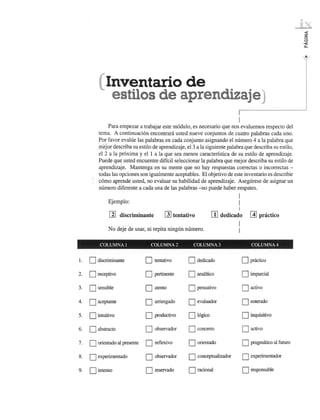 1. 
2. 
3. 
4. 
5. 
6. 
7. 
8. 
9, 
(' 
Inventario de 
estilos de aprendizaje'll 
Para empezar a trabajar este modulo, es necesario que nos evaluemos respecto del 
tema. A continuacion encontrara usted nueve conjuntos de cuatro palabras cada uno. 
Po~ favor evalue las palabras en cada conjunto asignando el numero 4 a la palab~a que 
. me}or describa su estilo de aprendizaje, e13 ala siguiente palabra que describa su estilo, 
el 2 a la proxima y ella la que sea menos caracteristica de su estilo de aprendizaje. 
Puede que usted encuentre dificil seleccionar la palabra que mejor describa su estilo de 
aprendizaje. Mantenga en su mente que no hay respuestas correctas 0 incorrectas - 
todas las opciones son igualmente aceptables. EI objetivo de este inventario es describir 
c6mo ap~endellsted, no evaluar su habilidad de aprendizaje. Asegurese de asignar un 
numero diferente a cada una de las palabras -no puede haber empates. 
! 
Ejemplo: ! 
I 
~ discriminante [J] tentativo [JJ dedicado [A] pnictico 
! 
No deje de usar, ni repita ningun numero. ! 
COLUMNA I COLUMNA 2 COLUMNA 3 COLUMNA 4 
o discriminante o tentativo o dedicado o practico 
o receptivo o pertinente o analitico o imparcial 
o sensible o atento o pensativo o activo 
o aceptante o arriesgado o evaluador D enterado 
o intuitivo o productivo o logico o inquisitivo 
o abstracto o observador o concreto o activo 
o orientado al presente o reflexivo o orientado o pragrmitico al futuro 
o experimentado o observador o conceptualizador o experimentador 
o intenso o reservado o racional o responsable 
 