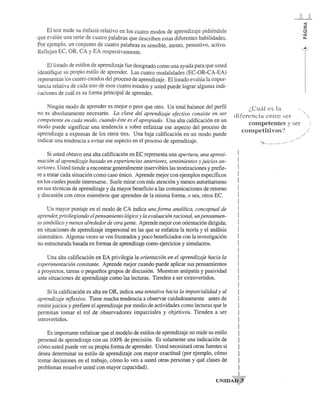 EI test mide su enfasis relativo en los cuatro modos de aprendizaje pidiendole 
que evalue una serie de cuatro palabras que describen estas diferentes habilidades. 
Por ejemplo, un conjunto de cuatro palabras es sensible, atento, pensativo, activo. 
Reflej an EC, OR, CA Y EA respectivamente. 
'. 
Ellistado de estilos de aprendizaje fue designado como una ayuda para que usted 
identifique su propio e stilo de aprender. Las cuatro modalidades (EC-OR-CA-EA) 
representan los cuatroestados del proceso de aprendizaje. Ellistado evalua la impor­tancia 
relativa de cada uno de esos cuatro estados y usted puede lograr algunas indi­caciones 
de cual es su forma principal de aprender. 
Ningun modo de aprender es mejor 0 peor que otro. Un total balance del perfil 
no es absolutamente necesario. La clave del aprendizaje efectivo consiste en ser 
competente en cada modo, cuando este es el apropiado. Una alta calificacion en un' 
modo puede significar una tendencia a sobre enfatizar ese aspecto del proceso de 
aprendizaje a expensas de los otros tres. Una baja calificacion en un modo puede 
indicar una tendencia a evitar ese aspecto en el proceso de aprendizaje. 
Si usted obtuvo una alta calificacion en ,E~_representa una apertura, una aproxi­maci6n 
al aprendizaje basado en experiencias anteriores, sentimientos y juicios an­teriores. 
Usted tiende a encontrar general mente ~n~sJ!rvibles las teorizaciones y prefie­re 
a tratar cada situacion como caso unico. Aprende ~ejo! con ejemplos especfficos 
en los cuales puede interesarse. Suele mirar con mas atencion y menos autoritarismo 
en sus tecnicas de aprendizaje y da mayor beneficia a las comunicaciones de retorno 
y discus ion con otros miembros que aprenden de la misma forma, 0 sea, otros EC. 
Un mayor puntaje en el modo de CA indica unafonna analftica, conceptual de 
aprender, privilegiando el pensamiento 16gico y la evaluaci6n racional, un pensamien­to 
simb6lico y menos alrededor de otra gente. Aprende mejor con orientacion dirigida; 
en situaciones de aprendizaje impersonal en las que se enfatiza la teona y el anaIisis 
sistematico. Algunas veces se yen frustrados y poco beneficiados con la investigacion 
no estructurada basada en formas de aprendizaje como ejercicios y simulacros. 
Una alta calificacion en EA privilegia la orientaci6n en el aprendizaje hacia la 
experimentaci6n constante. Aprende mejor cuando puede aplicar sus pensarnientos 
a proyectos, tareas 0 pequenos grupos de discus ion. Muestran antipatfa y pasividad 
ante situaciones de aprendizaje como las lecturas. Tienden a ser extrovertidos. 
Si la calificacion es alta en OR, indica una tentativa hacia la imparcialidad y al 
aprendizaje reflexivo. Tiene mucha tendencia a observar cuidadosamente antes de 
emitir juicios y prefiere el aprendizaje por medio de actividades como lecturas que Ie 
permitan tomar el rol de observadores imparciales y objetivos. Tienden a ser 
introyertidos. 
Es importante enfatizar que el modelo de estilos de aprendizaje no mide su estilo 
personal de aprendizaje con un 100% de precision. Es solamente una indicacion de 
como usted puede ver su propia forma de aprender. Usted necesitara otras fuentes si 
desea determinar su estilo de aprendizaje con mayor exactitud (por ejemplo, como 
tomar decisiones en el trabajo, como 10 yen a usted otras personas y que clases de 
problemas resuelye usted con mayor capacidad). 
;,CwiJ es la 
difercncia entre scr 
..... 
competentcs y ser 
(.~ompt>titivos? 
... :::~~ ... .... , ....• , ......... , 
~, ... , 
..,.,., 
......... 
..•.. 
."" 
 