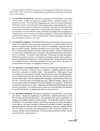 Con base a toda la informacion anterior y a las investigaciones realizadas, segun apun­ta 
McCarthy (1987), Ie presento a continuacion las caracteristicas de los estilos de aprendi­zaje 
en cuatro grupos: 
1. Los aprendices irnaginativos. Perciben la informacion concretamente y la procesan 
reflexivamente. Integran la experiencia consigo mismos y aprenden oyendo y com­partiendo 
las ideas. Son pensadores imaginativos que creen en su propia experiencia. 
Sobresalen cuando yen la experiencia directamente d(!sde muchas perspectivas. Valo­ran 
el pensamiento interno y trabajan por la armonfa. Necesitan estar personalmente 
involucrados y buscan un compromiso. Se interesan en las personas y la cultura. Son 
considerados y les gusta observar a otros. Absorben la realidad y buscan significado y 
c1aridad de las cosas. Su fuerza son las ideas imaginativas. Funcionan por medio de la 
c1arificacion de valores y su meta es involucrarse en asuntos importantes y traer armo­nia. 
Su pregunta favorita es ;,por que? 
2. Los aprendices analiticos. Perciben la informacion abstractamente y la procesan por 
medio de la reflexion. Proyectan teorias integrandolas a sus observaciones en las es­tructuras 
mentales conocidas para ellos. Buscan la continuidad y necesitan saber 10 
que los expertos piensan. Aprenden pensando a traves de las ideas. Forman la reali­dad 
y valoran el pensamiento secuencial. Necesitan detalles. Critican la informacion 
y recaban datos. Son industriosos y minuciosos. Revisaran los factores si las situacio­nes 
los confunden. Les gusta el aula tradicional. Encuentran las ideas fascinantes. 
Prefieren maximizar la certeza y se encuentran incomodos ante los juicios subjetivos. 
Buscan la competencia intelectual y la efectividad personal. Su fuerza son los concep­tos 
y modelos creativos. Funcionan pensando las cosas en el camino. Su meta es el 
reconocimiento intelectual. Su pregunta favorita es ;,que? 
3. Los aprendices con sentido cornun. Perciben la informacion abstractamente y la 
procesan activamente. Integran la teoria y la practica. Aprenden poniendo a prueba 
las teorfas y aplicando su sentido comun. Sonpragmaticos. Creen que si 10 que 
investigan funciona, entonces 10 utilizan. Son personas que resuelven problemas prac­ticos 
y resienten que se les den soluciones. Son directos y tienen una tolerancia limi­tada 
a las ideas vagas. Valoran el pensamiento estrategico. Experimentan y chapucean 
las cosas. Necesitan saber como trabajan las cosas. Editan la realidad. Algunas veces 
parecen impersonales y dominantes y buscan la utilidad y los resultados. Su fuerza es 
la aplicacion practica de las ideas. Funcionan con informacion presentada de expe­riencias 
transmitidas. Sus metas son traer su punto de vista al presente orientado hacia 
la seguridad del futuro. Su pregunta favorita es ;, como funciona? 
4. Los aprendices dimimicos. Perciben la informacion concretamente y la procesan 
activamente. Integran la experiencia y la aplicacion y aprenden por ensayo y error. 
Son creyentes del autodescubrimiento. Son entusiastas ante nuevas situaciones y se, 
adaptan con facilidad, aunque no sea de su gusto. Se desarrollan cuando se necesita 
flexibilidad. Frecuentemente emiten conclusiones exactas en la ausencia de justifica­ciones 
logicas. Les gusta el peligro y enriquecen la realidad tom,mdo 10 que tienen y 
agregando algo de sf mismos a ello. Son manipuladores y obsesi,vos. Buscan influen­ciar. 
Su fuerza se encuentra en competencias de accion. Funcionan actuando, eva­luando 
y creando nuevas experiencias. Su meta es operacionalizar las ideas. Su pre­gunta 
favorita es ;,que pasaria si ... ? 
r·--·-·-----········-- 
I 
I 
I 
I 
I 
I 
1 
1 
I 
I 
I 
I 
I 
1 
I 
I 
I 
I 
I 
I 
1 
I 
I 
I 
I 
I 
I 
I 
I 
I 
I 
I 
I 
I 
I 
I 
I 
1 
UNIDAF!7 
 