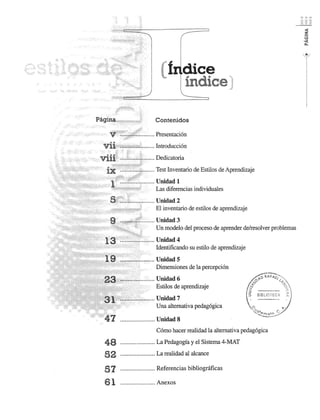 t dice 
indicet; 
Contenidos 
Presentaci6n 
Introducci6n 
Dedicatoria 
Test Inventario de Estilos de Aprendizaje 
Unidad 1 
Las diferencias individuales 
Unidad2 
El inventario de estilos de aprendizaje 
Unidad3 
Un modelo del proceso de aprender de/resolver problemas 
Unidad4 
Identificando su estilo de aprendizaje 
Unidad5 
Dimensiones de la percepci6n 
Unidad 6 
Estilos de aprendizaje 
Unidad 7 
Una altemativa pedag6gica 
............... ... .... Unidad 8 
C6mo hacer realidad la altemativa pedag6gica 
48 ...................... La Pedagogfa y el Sistema 4-MAT 
52 ...................... La realidad al alcance 
57 ...................... Referencias bibliognlficas 
61 ...................... Anexos 
 